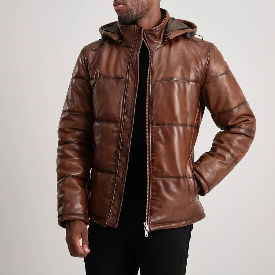 Gordon Waxed Brown Leather Puffer – Front Profile Showing Removable Hood