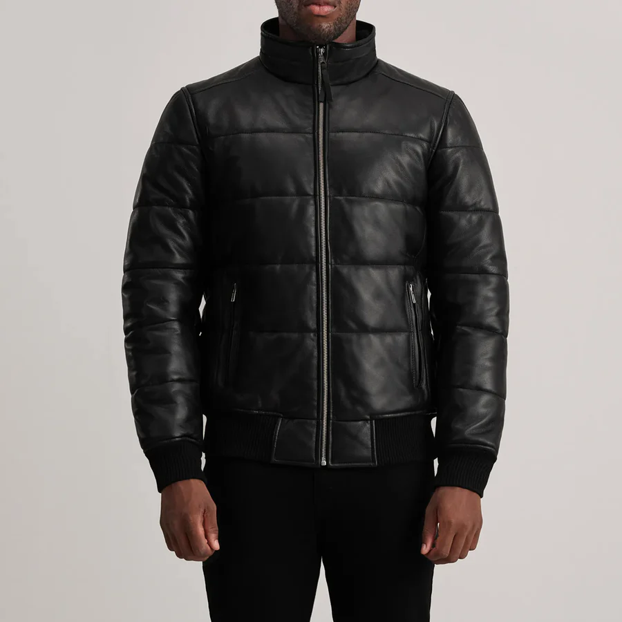 Lucas Black Leather Bomber – Front Profile Showing High Neck Design