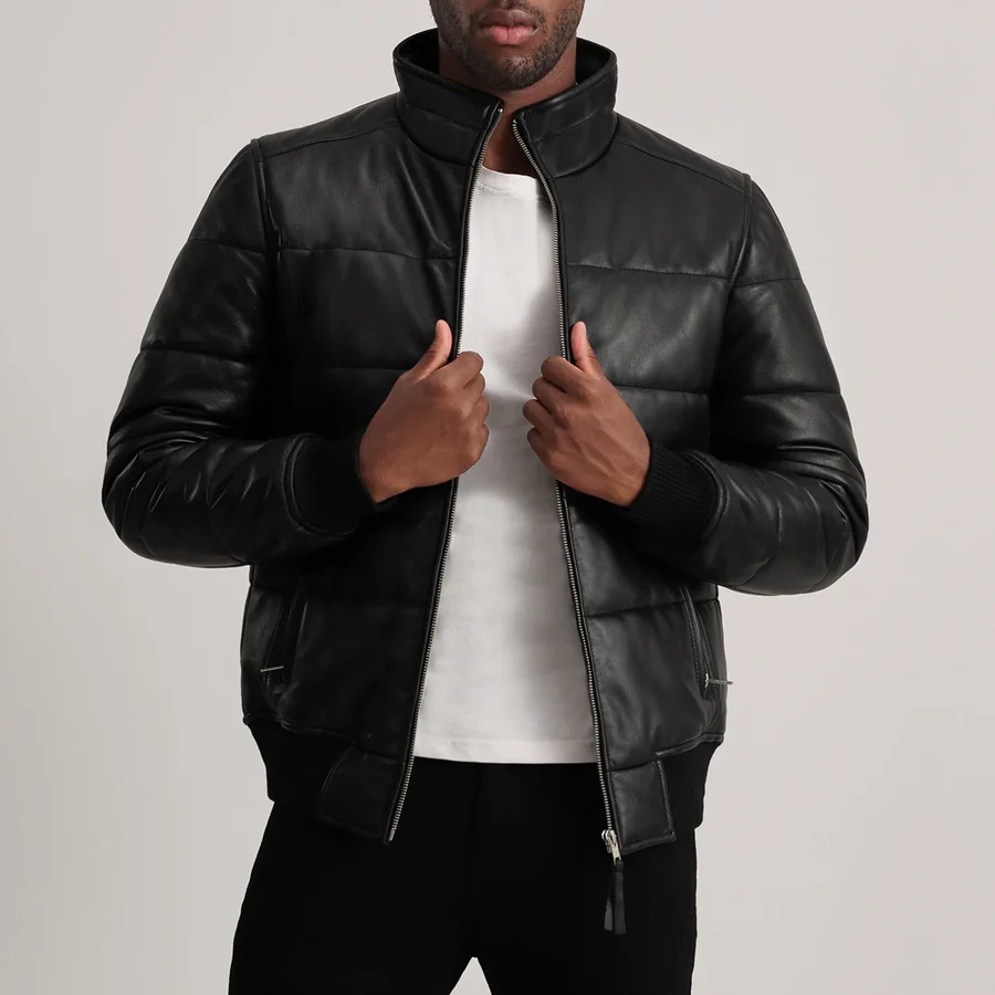 Lucas Black Leather Bomber – Front Profile Showing High Neck Design