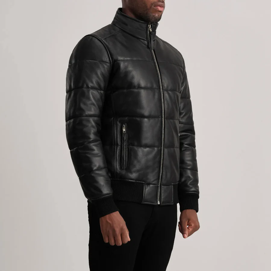 Lucas Black Leather Bomber – Front Profile Showing High Neck Design