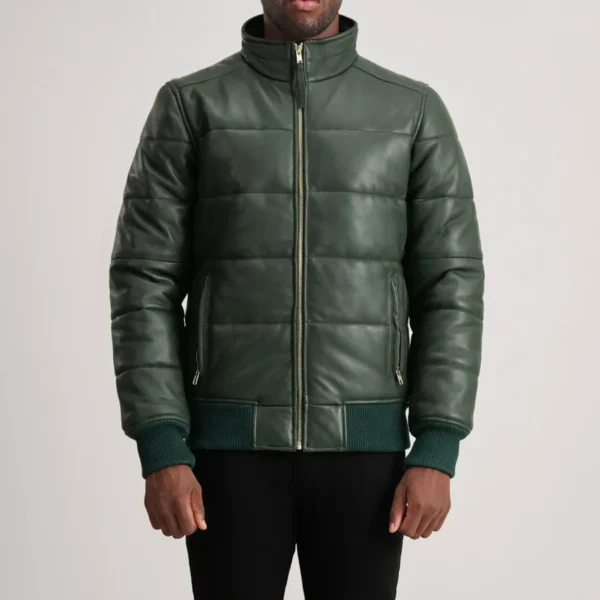 Lucas Green Puffer Leather Bomber – Front View Showing Unique Color