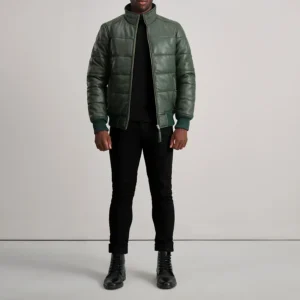 Lucas Green Puffer Leather Bomber – Front View Showing Unique Color