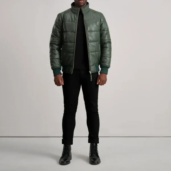 Lucas Green Puffer Leather Bomber – Front View Showing Unique Color
