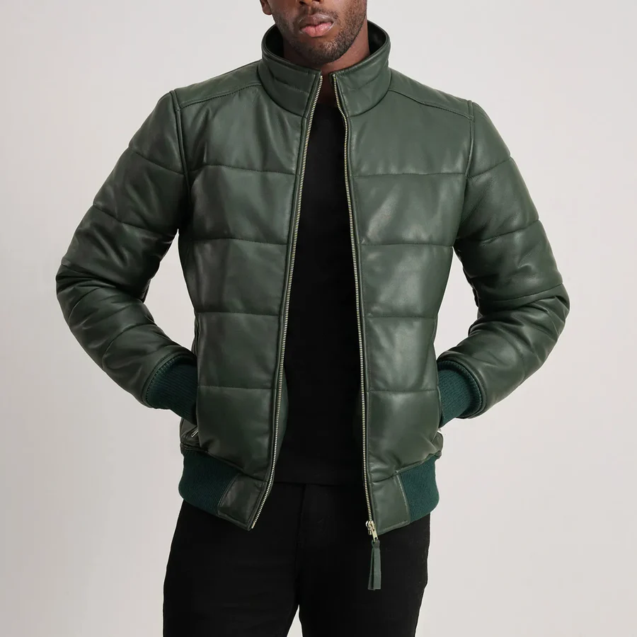 Lucas Green Puffer Leather Bomber – Front View Showing Unique Color