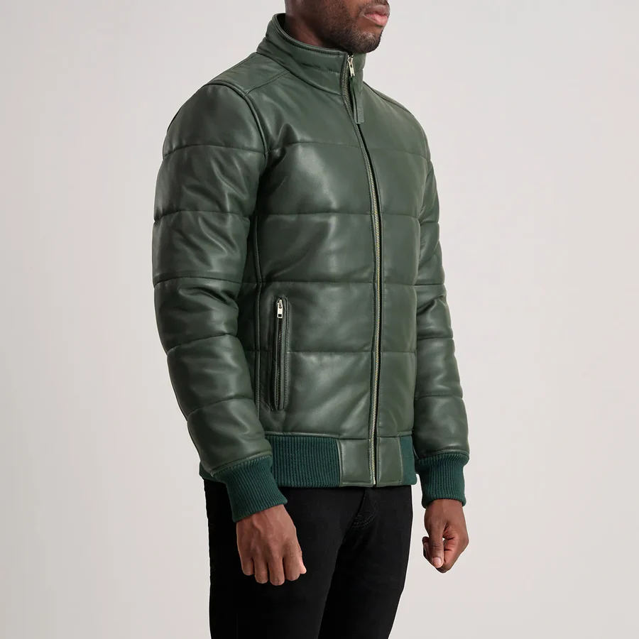 Lucas Green Puffer Leather Bomber – Front View Showing Unique Color