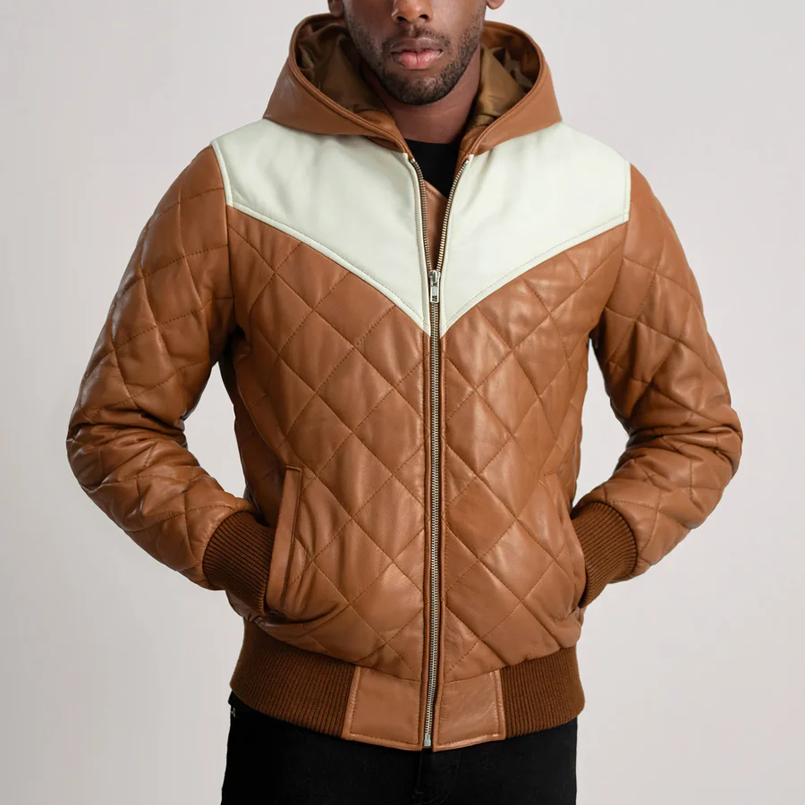 Norman Tan Leather Bomber – Front View Showing Quilted Details