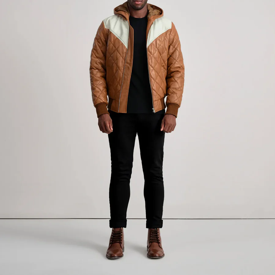 Norman Tan Leather Bomber – Front View Showing Quilted Details