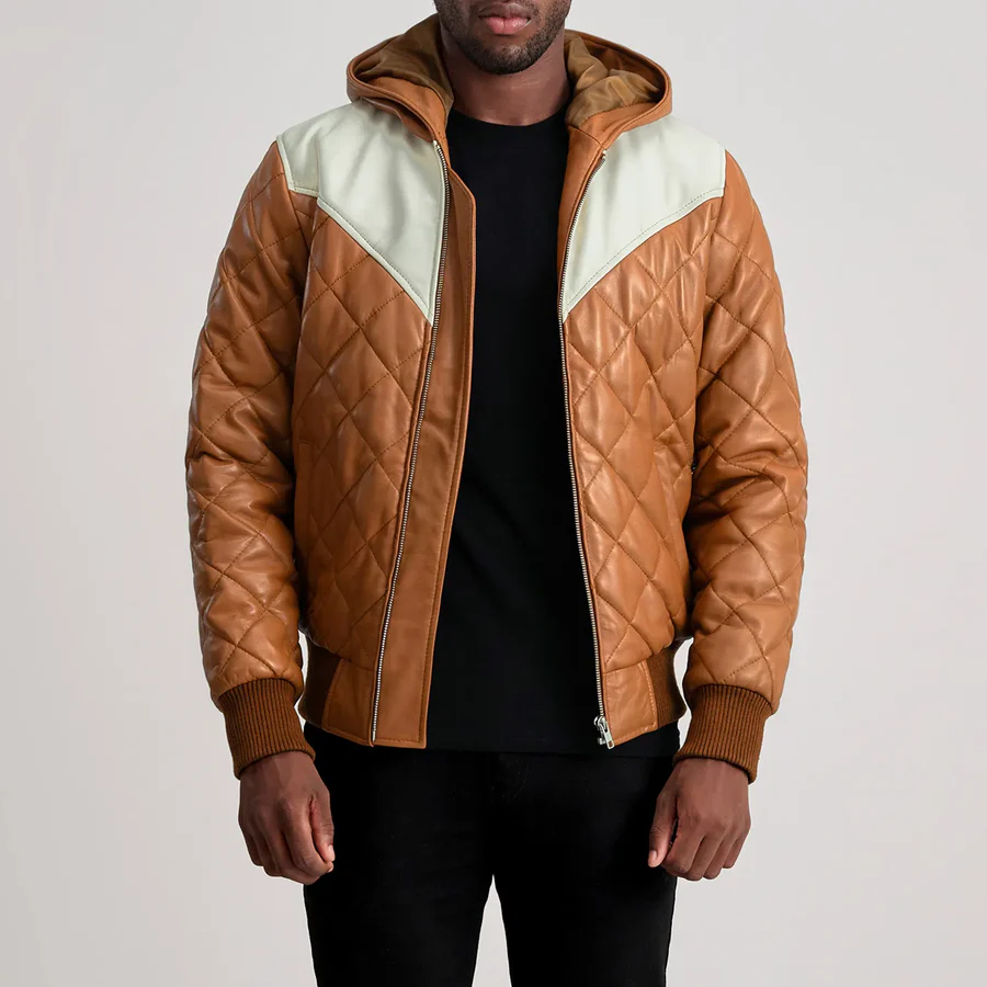Norman Tan Leather Bomber – Front View Showing Quilted Details