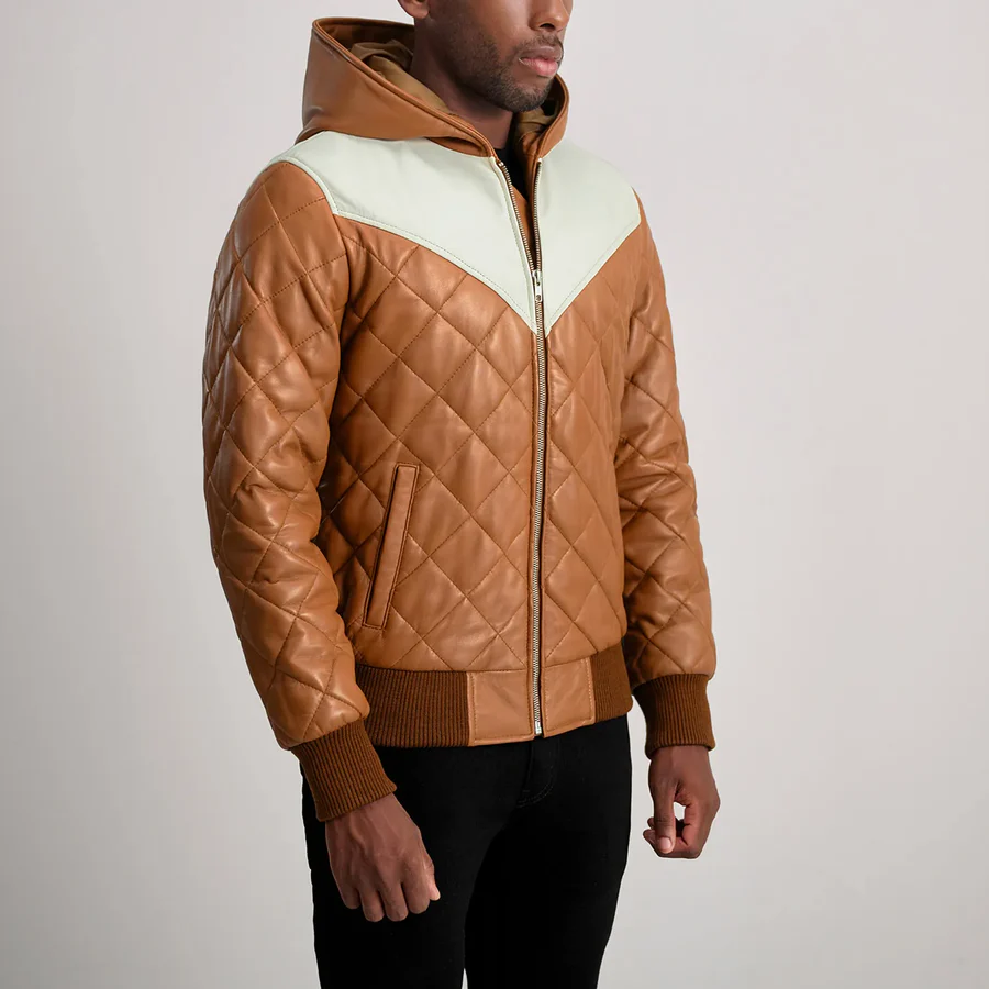 Norman Tan Leather Bomber – Front View Showing Quilted Details