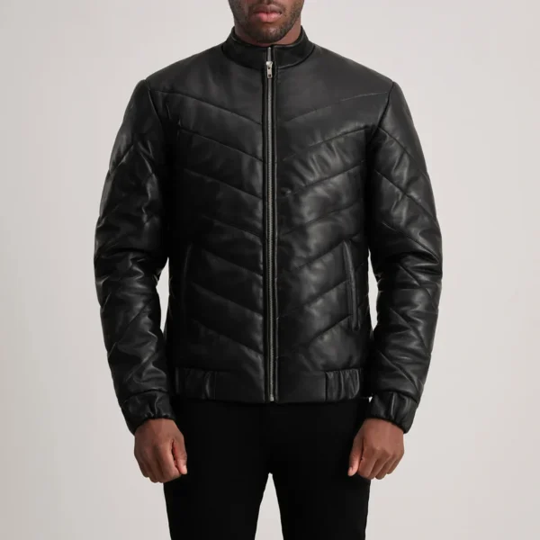 Travis Black Leather Puffer – Front View Showing Sleek Profile