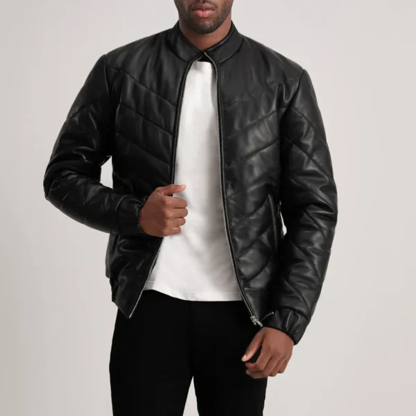 Travis Black Leather Puffer – Front View Showing Sleek Profile