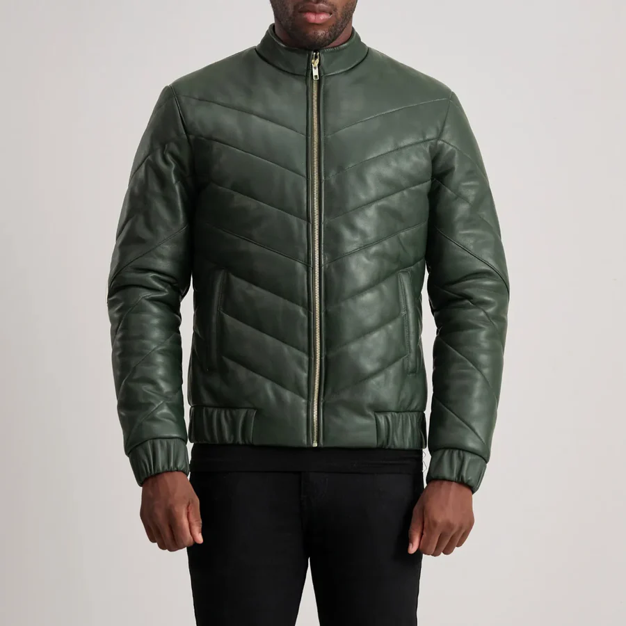 Travis Green Leather Puffer Jacket - Front Profile Showing Earthy Tone