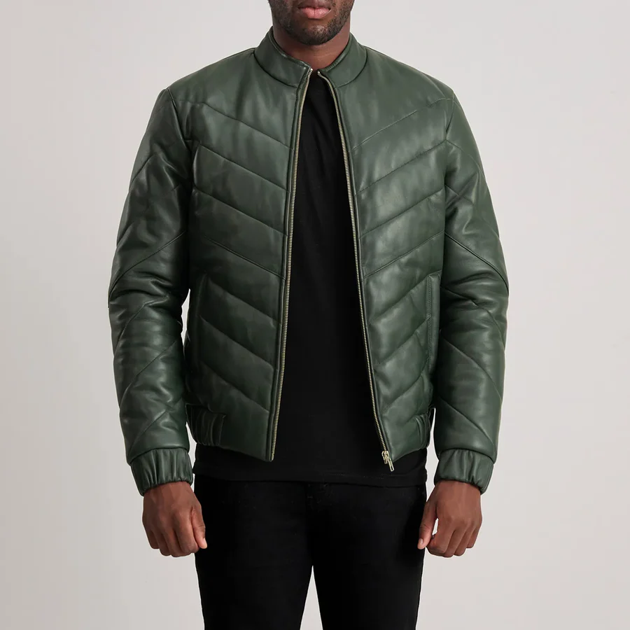 Travis Green Leather Puffer Jacket - Front Profile Showing Earthy Tone