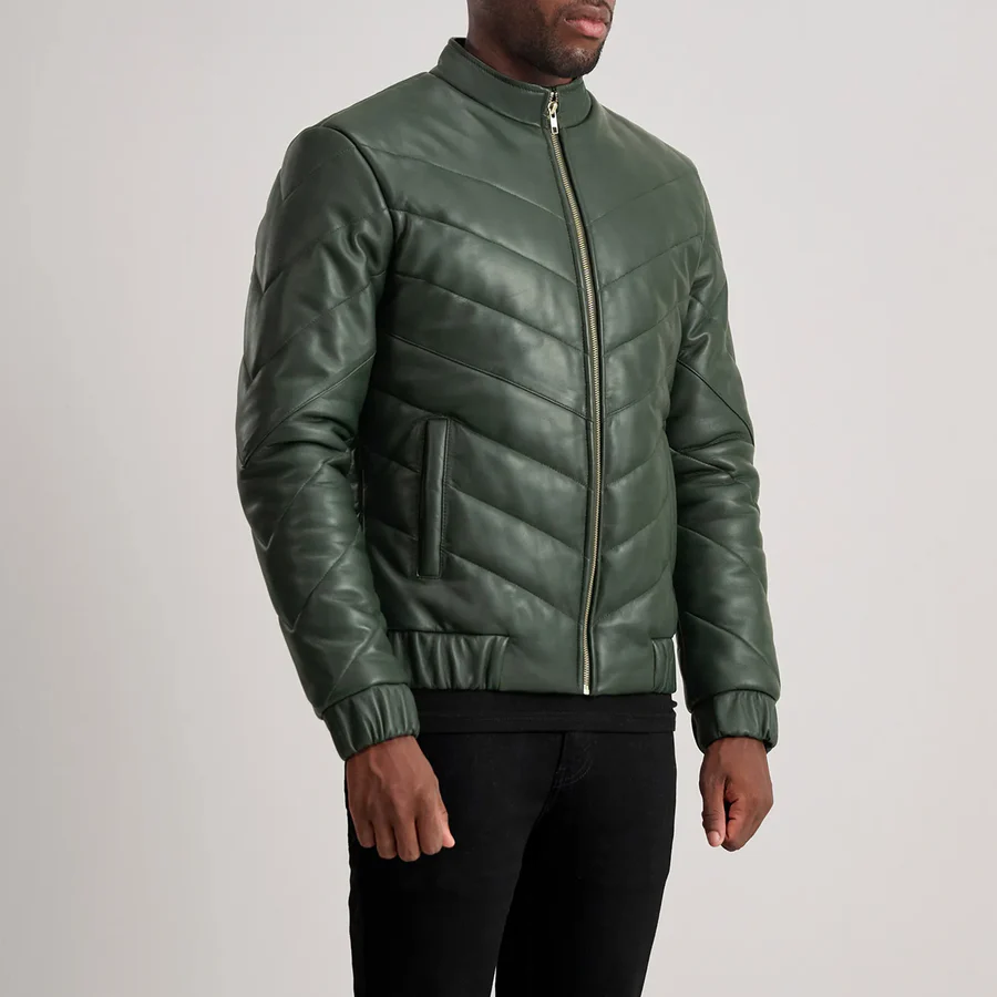 Travis Green Leather Puffer Jacket - Front Profile Showing Earthy Tone