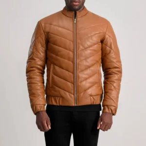 Travis Tan Leather Puffer Jacket – Front View Showcasing Sheepskin Texture