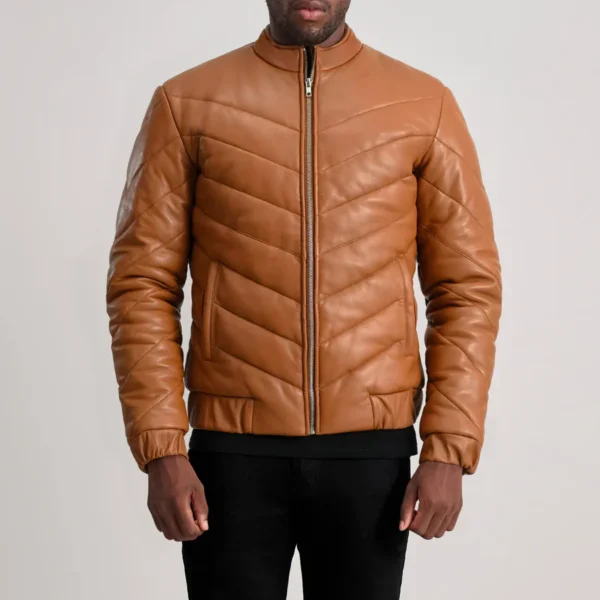 Travis Tan Leather Puffer Jacket – Front View Showcasing Sheepskin Texture