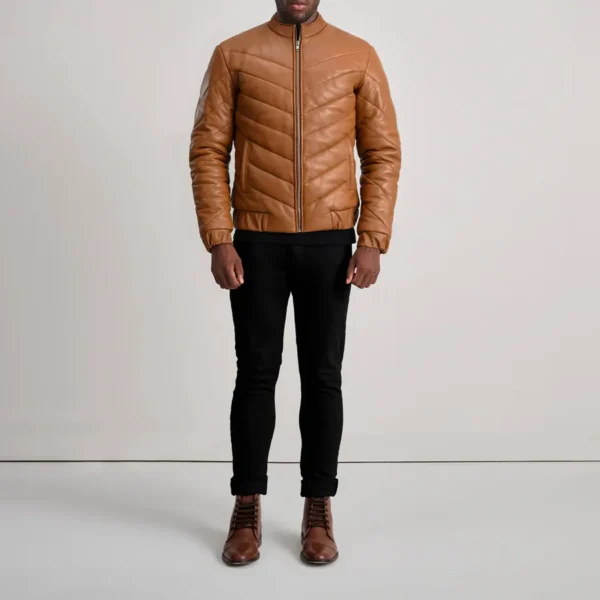 Travis Tan Leather Puffer Jacket – Front View Showcasing Sheepskin Texture