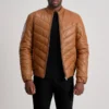 Travis Tan Leather Puffer Jacket – Front View Showcasing Sheepskin Texture