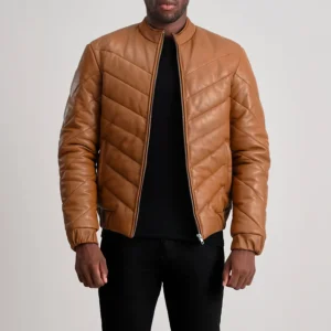 Travis Tan Leather Puffer Jacket – Front View Showcasing Sheepskin Texture