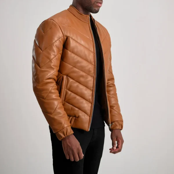 Travis Tan Leather Puffer Jacket – Front View Showcasing Sheepskin Texture