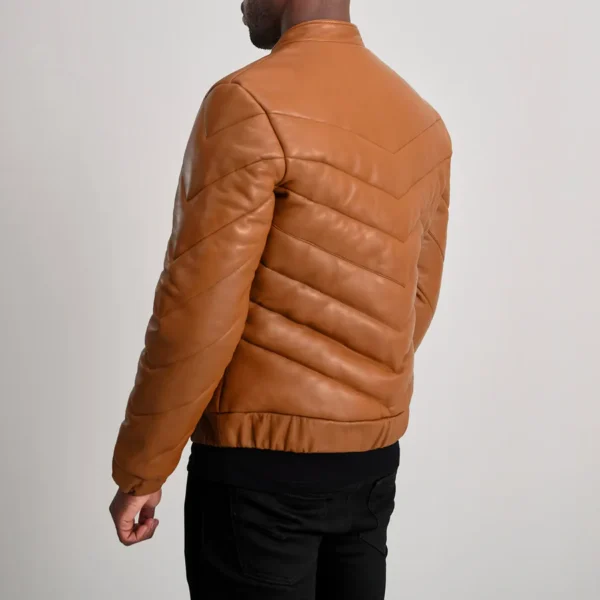 Travis Tan Leather Puffer Jacket – Back View Showcasing Sheepskin Texture